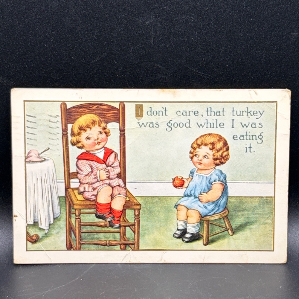 Antique 1913 Thanksgiving Tummy Ache Greeting Card Postcard Ephemera, Humor Gift